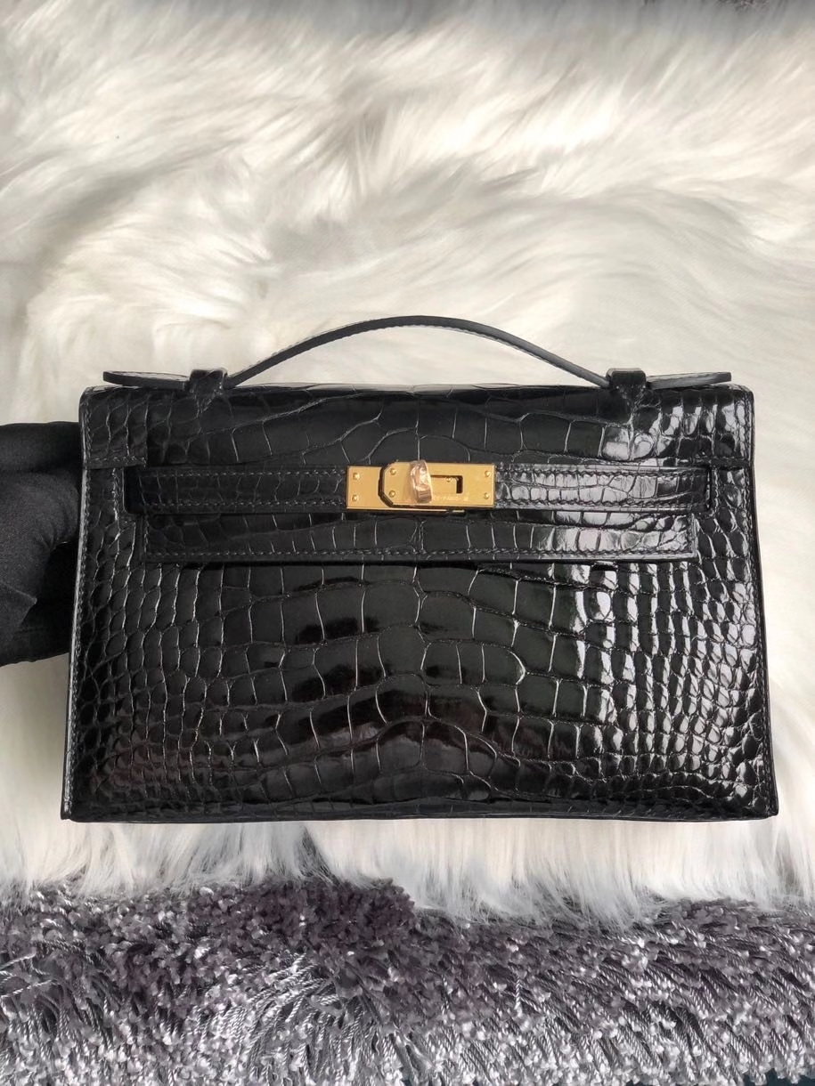 Hermès（爱马仕）Mini kelly pochette 22cm Alligator shiny 亮面鳄鱼 ck89 黑色 银扣 手拿包 晚宴包