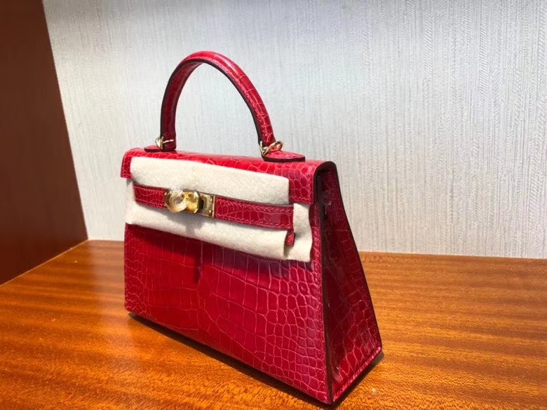 Hermès（爱马仕）Mini kelly ll Alligator shiny 亮面鳄鱼 ck95 法拉利红 Braise 金扣 现货