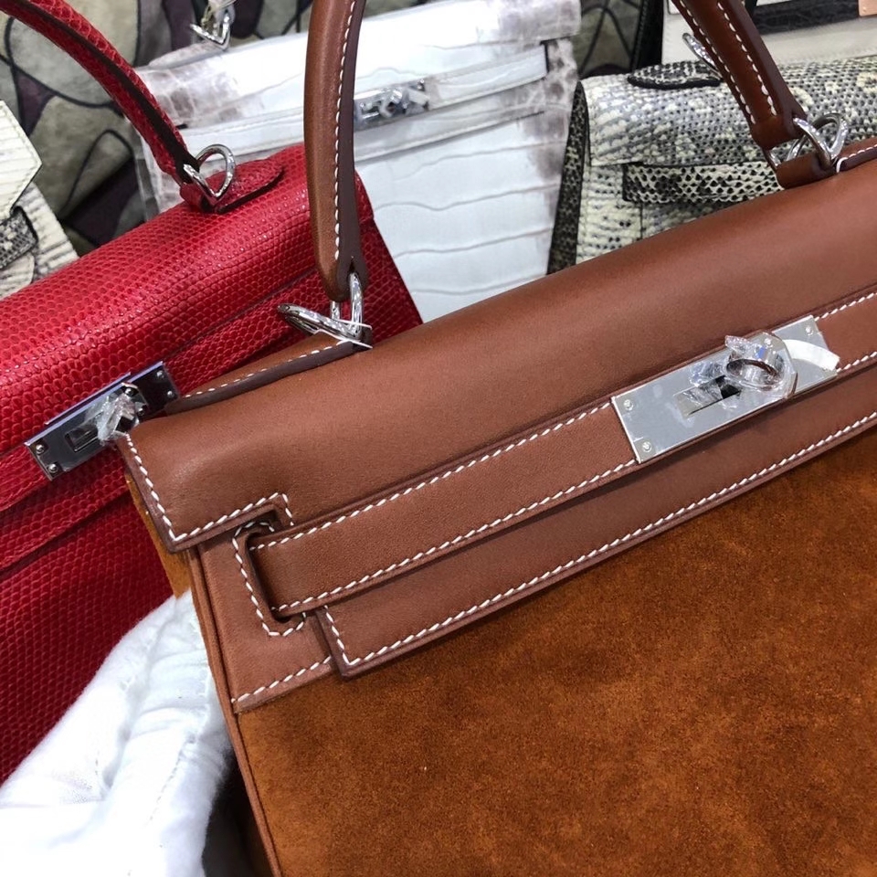 Hermès（爱马仕）Kelly 28cm 麂皮 金棕色拼马鞍皮棕色 银扣 顶级手缝