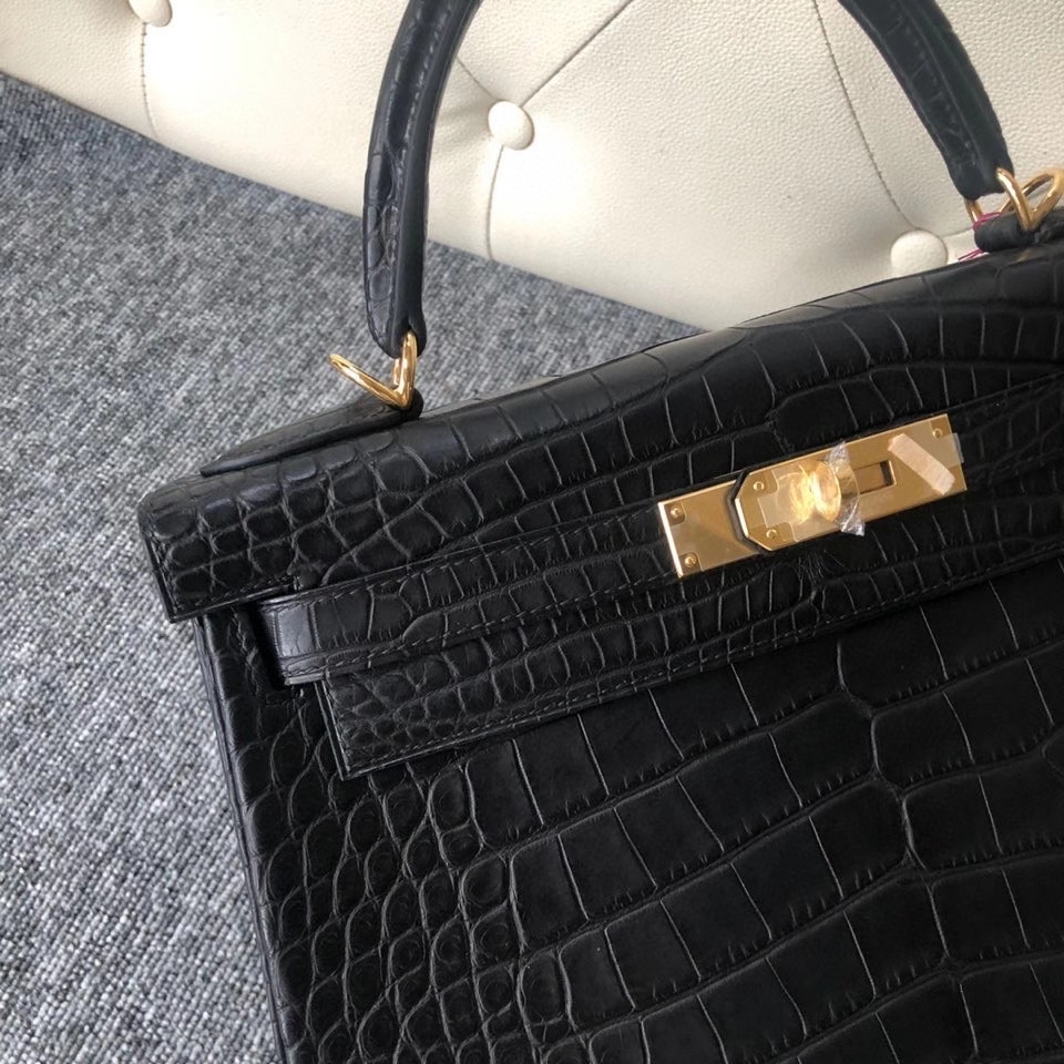 Hermès（爱马仕）Kelly 28cm Alligator matt 雾面鳄鱼 ck89 黑色 Noir 金扣 顶级手缝