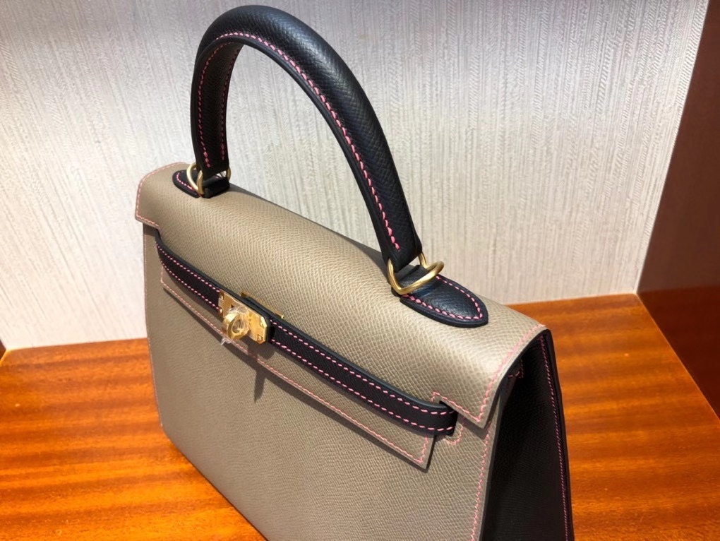 Hermès（爱马仕）Kelly 25cm Epsom 原厂掌纹皮 M8 沥青灰拼ck89 黑色  唇膏粉线  拉丝金扣
