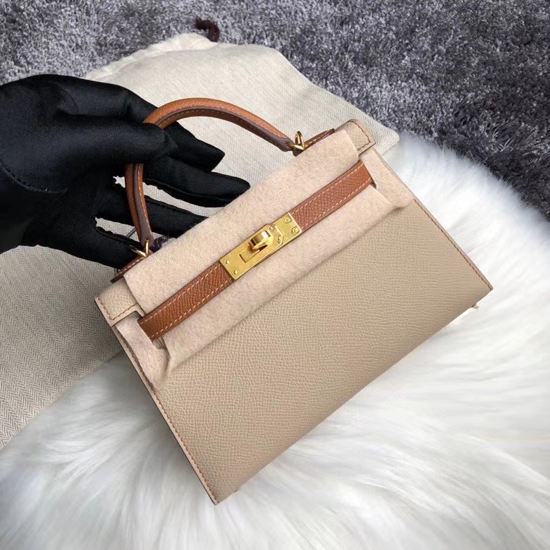 Hermès（爱马仕）mini kelly ll Epsom 原厂掌纹皮  S2 风衣灰拼ck37 金棕色 金扣 马蹄印 定制