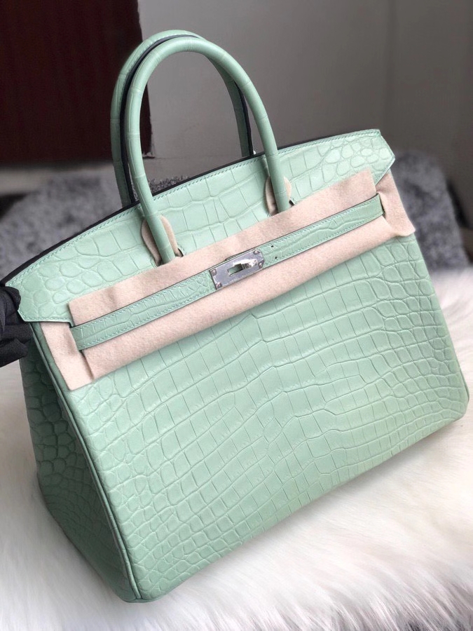Hermès（爱马仕）Birkin 35cm Crocodile matt 雾面鳄鱼6U 薄荷绿 银扣 顶级手缝