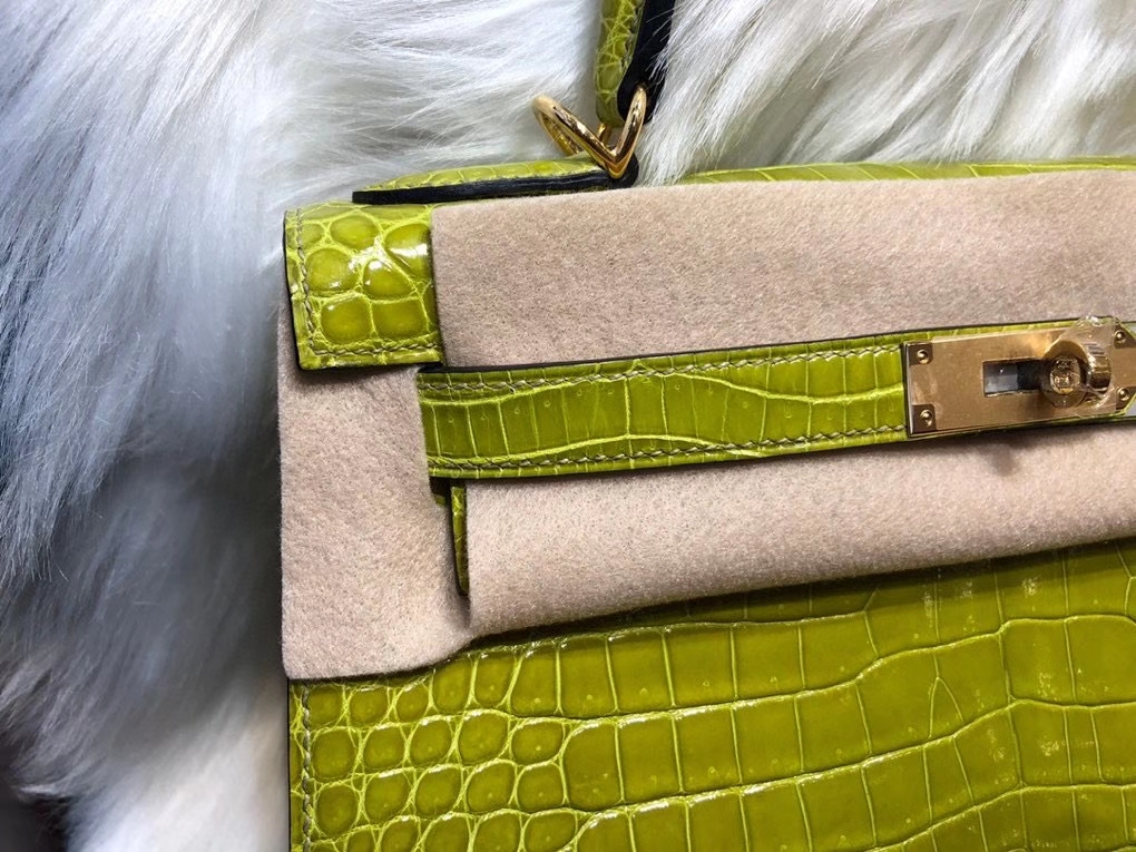 Hermès（爱马仕）Kelly 28cm Porosus shiny 亮面澳洲湾鳄 6R 奇异果绿 金扣 顶级手缝 品相超美 现货
