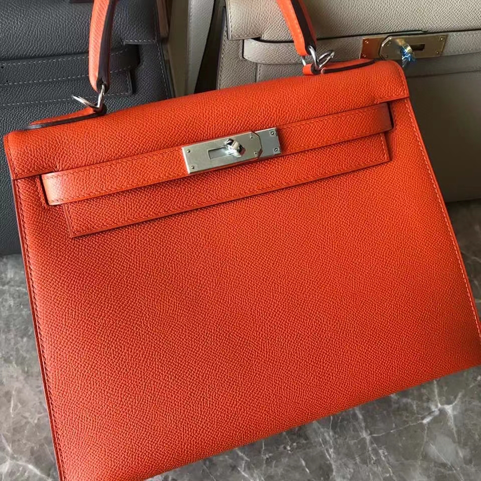 Hermès（爱马仕）Kelly 28cm Epsom 原厂御用掌纹皮 9J 火焰橙 银扣 顶级手缝 现货