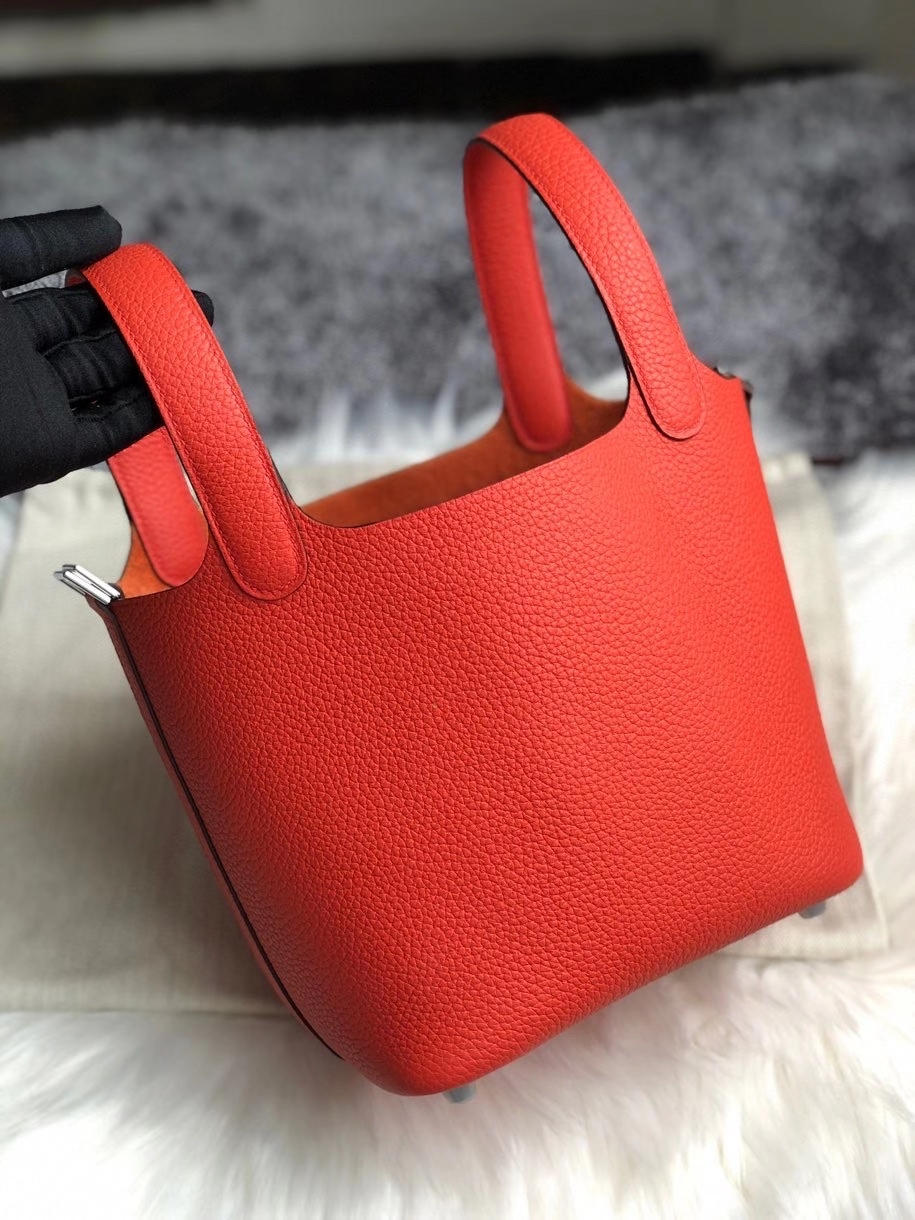 Hermès（爱马仕）Picotin 菜篮包 18cm 原厂御用顶级皮 clememce 9J 火焰橙 银扣 顶级手缝