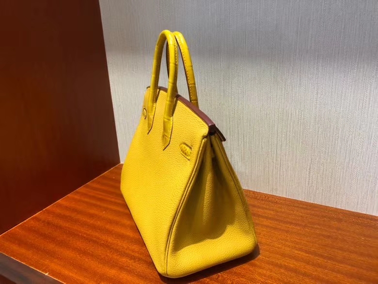 Hermès（爱马仕）Birkin 25cm  Touch 9D琥珀黄 拼亮面鳄鱼琥珀黄 金扣 顶级 手缝 现货