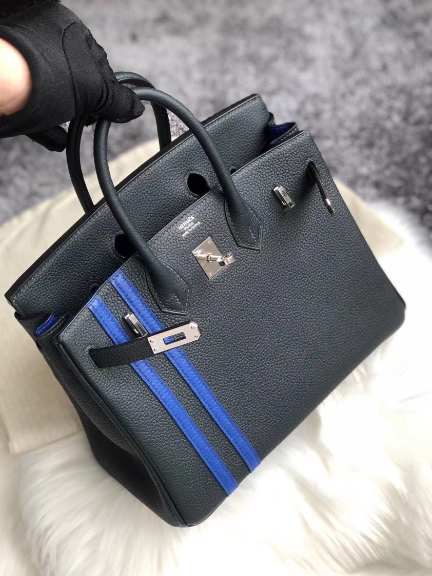 Hermès（爱马仕）Birkin 25cm 原厂小牛皮 6o 柏树绿 拼双杠 琉璃蓝 银扣 顶级手缝