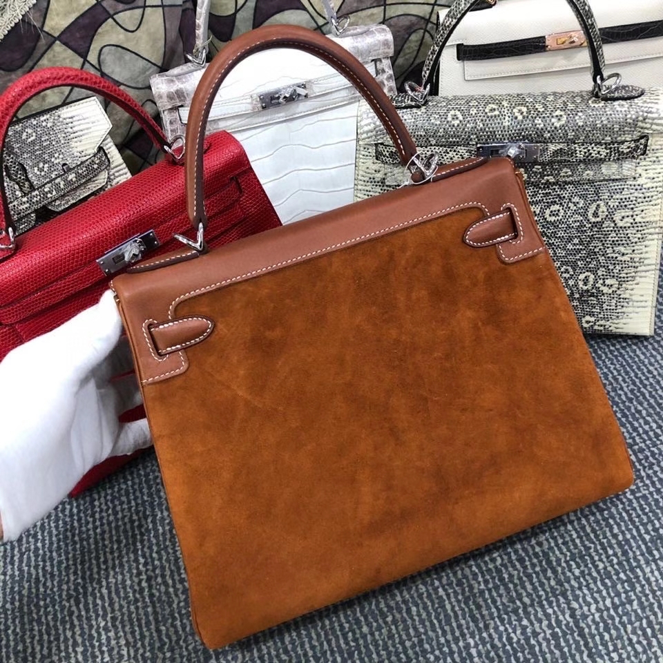 Hermès（爱马仕）Kelly 28cm 麂皮 金棕色拼马鞍皮棕色 银扣 顶级手缝