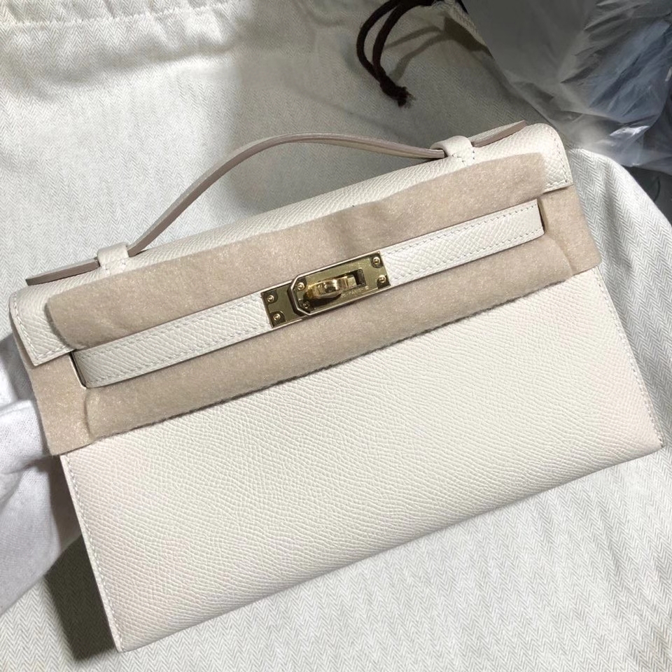 Hermès（爱马仕）Mini kelly pochette 22cm Epsom 原厂掌纹皮  ck10 奶昔白 Craie 金扣 顶级手缝 手拿包