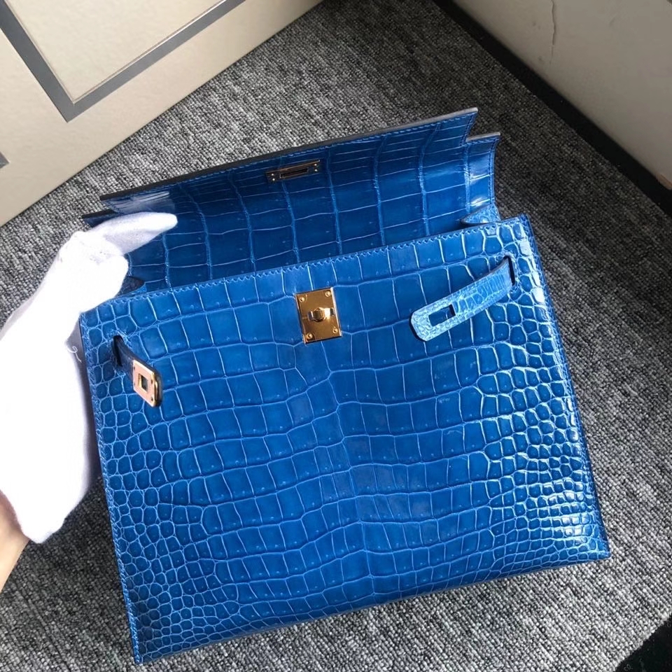 Hermès(爱马仕)Kelly 25cm porosus shiny 亮面澳洲湾鳄 7Q 希腊蓝 金扣 正品五金 现货-拉尔森鳄鱼皮具定制 - 爱马仕包包官网 Hermès(爱马仕)Kelly 25cm porosus shiny 亮面澳洲湾鳄 7Q 希腊蓝 金扣 正品五金 现货