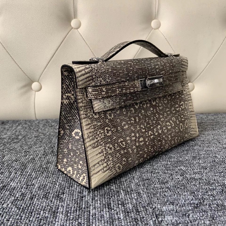 Hermès（爱马仕）Mini kelly pochette Lizard 进口亮面蜥蜴 原色 小喜马拉雅色 银扣 顶级手缝 手拿包 晚宴包