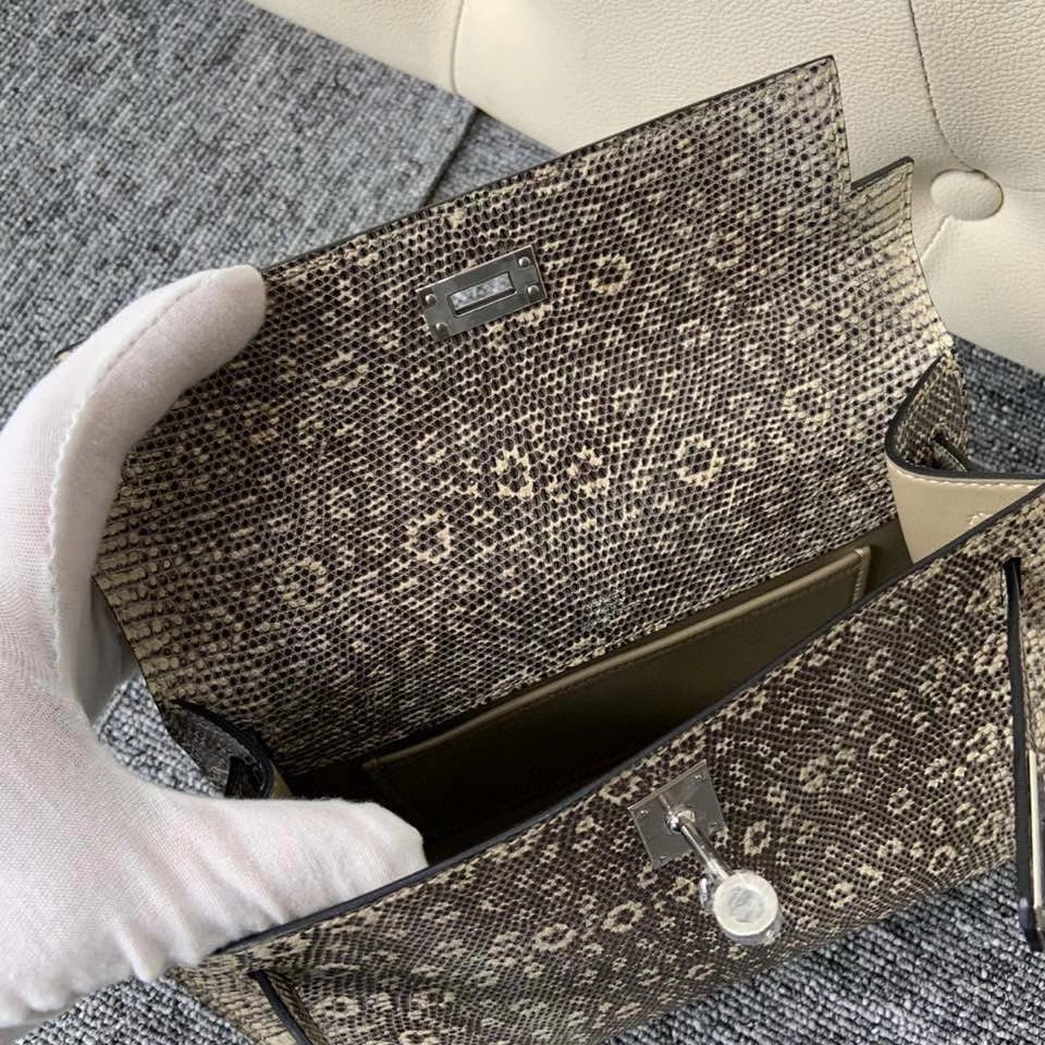 Hermès（爱马仕）Mini kelly pochette Lizard 进口亮面蜥蜴 原色 小喜马拉雅色 银扣 顶级手缝 手拿包 晚宴包