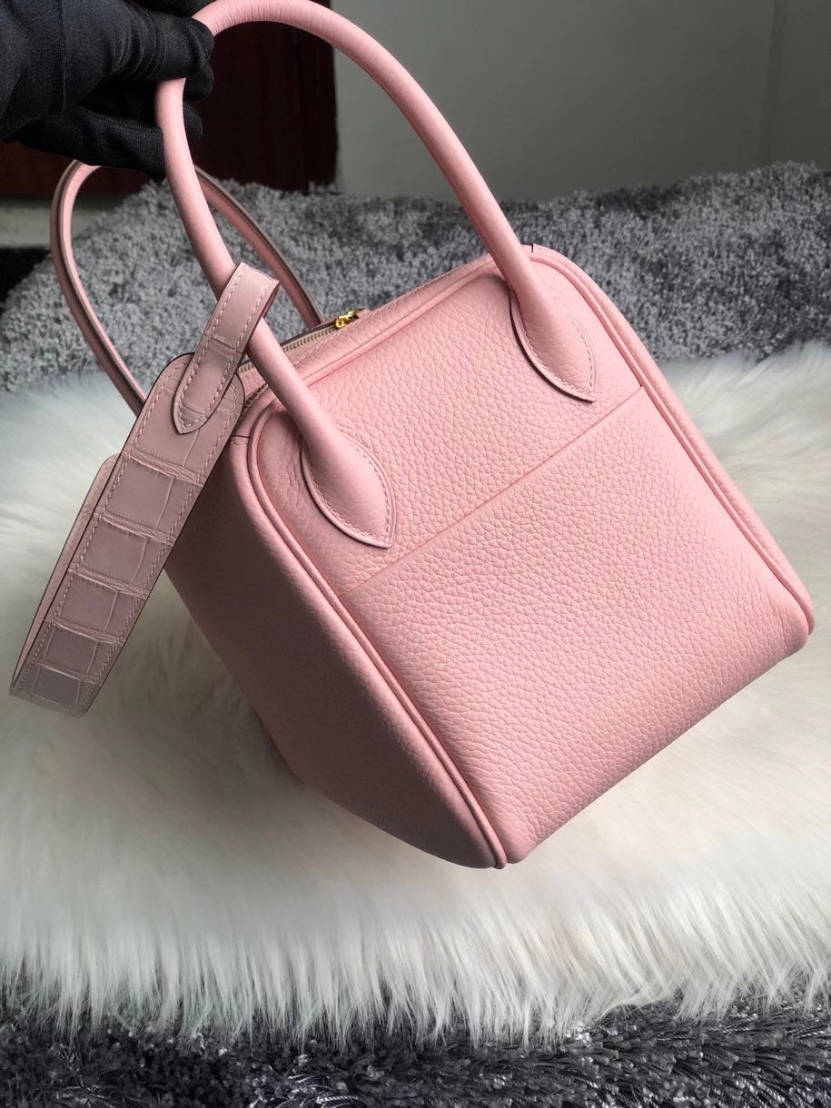 Hermès（爱马仕）Lindy 琳迪包 3Ｑ粉 新粉色 拼手腕鳄鱼 金扣 26cm 顶级手缝 定制