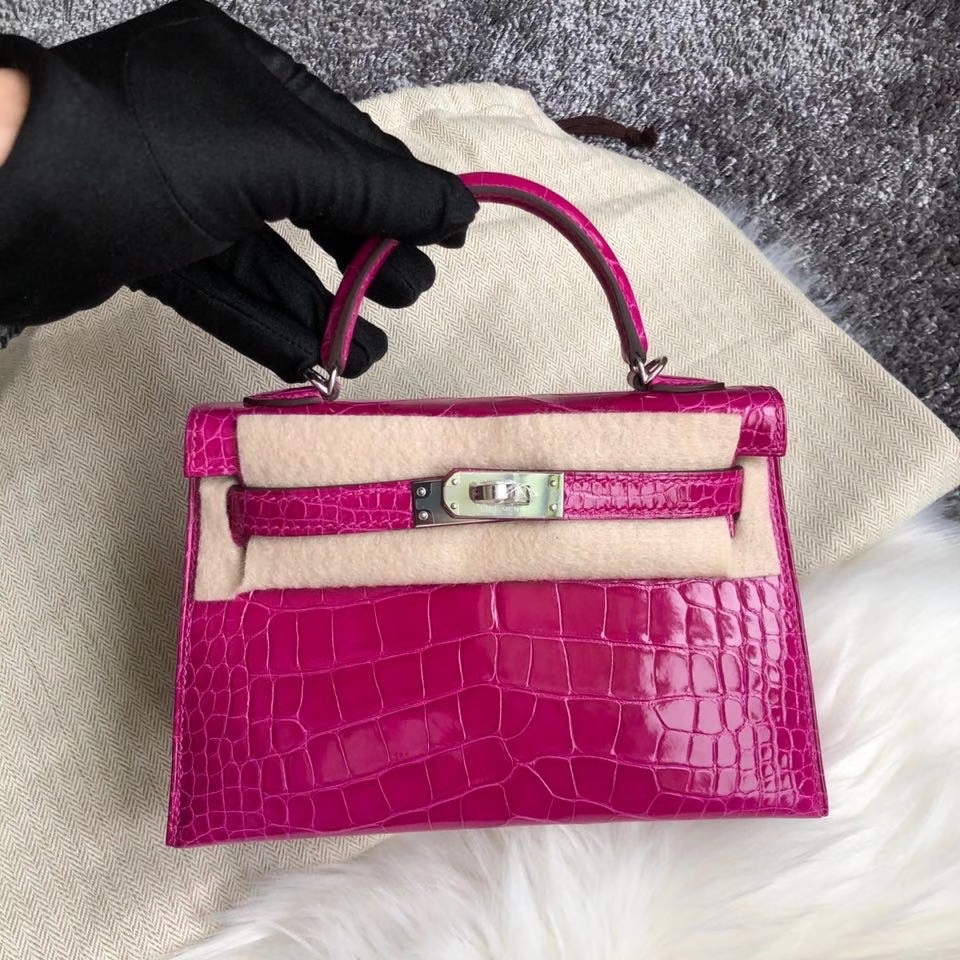 Hermès（爱马仕）Mini kelly ll Alligator shiny 亮面鳄鱼 J5 天方夜谭粉紫 银扣 顶级手缝 现货