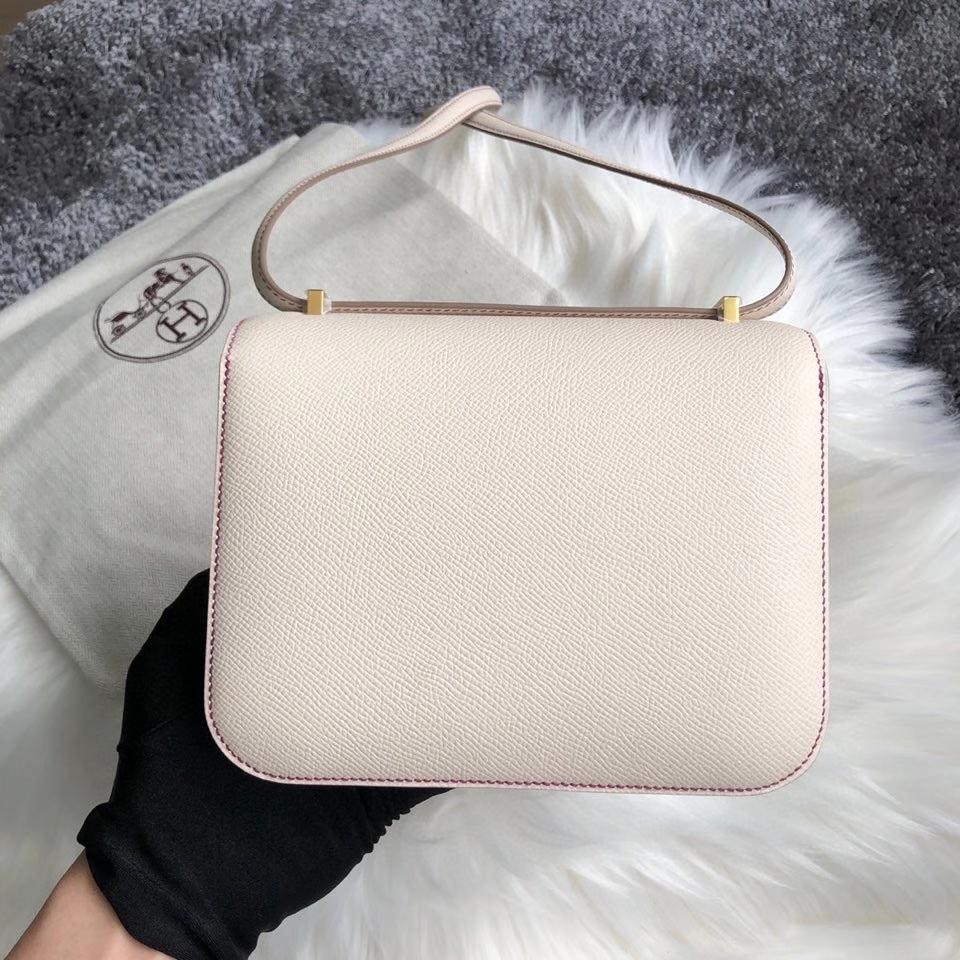 Hermès（爱马仕）Constance 18cm Epsom 原厂掌纹皮 ck10 奶昔白 拼 玫瑰紫 马蹄印 玫瑰金扣 顶级手缝 现货