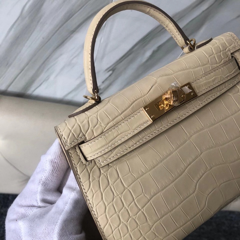 Hermès（爱马仕）Mini kelly ll Alligator matt 雾面鳄鱼 Y1 香草色 金扣 顶级手缝