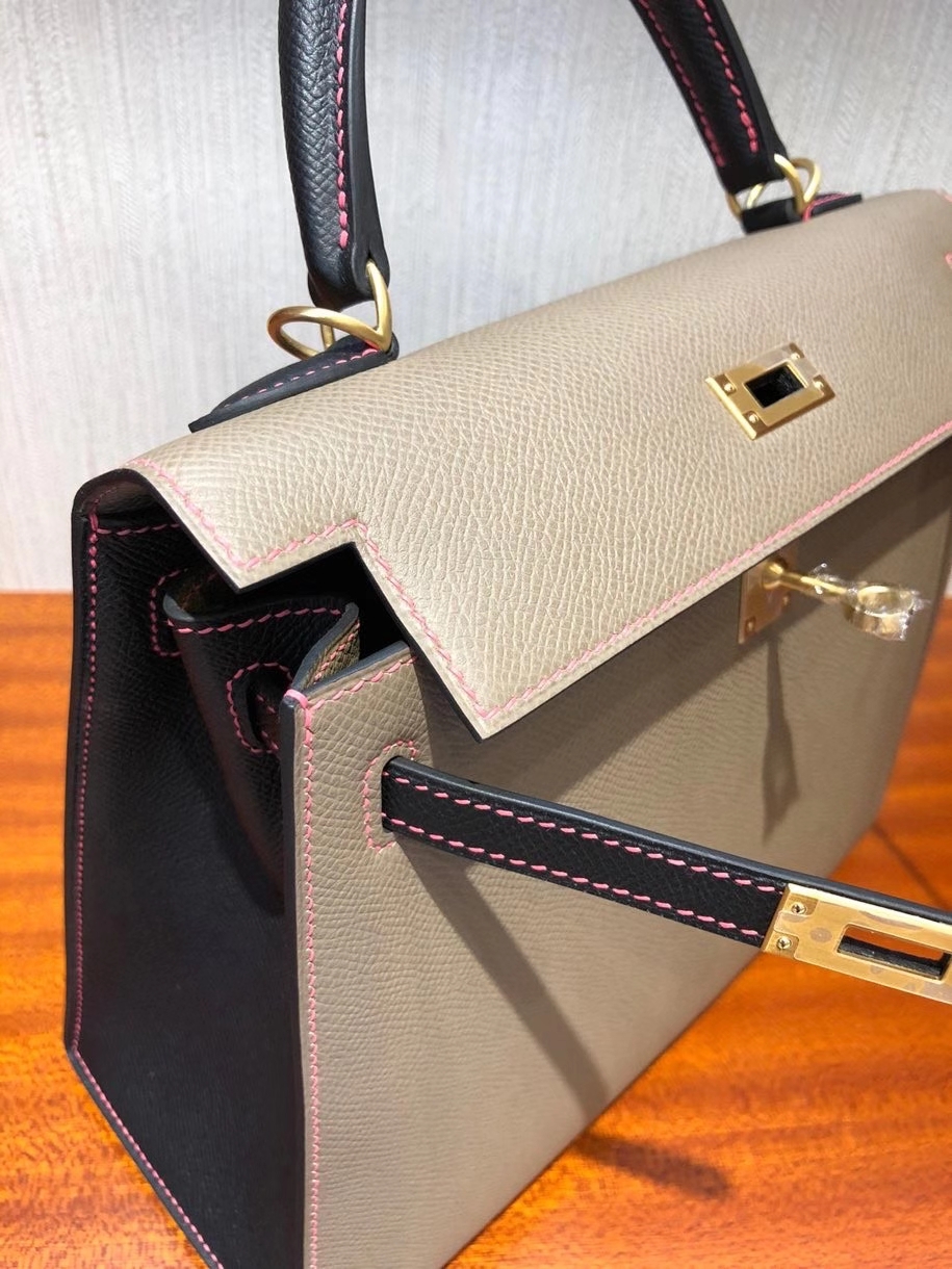 Hermès（爱马仕）Kelly 25cm Epsom 原厂掌纹皮 M8 沥青灰拼ck89 黑色  唇膏粉线  拉丝金扣
