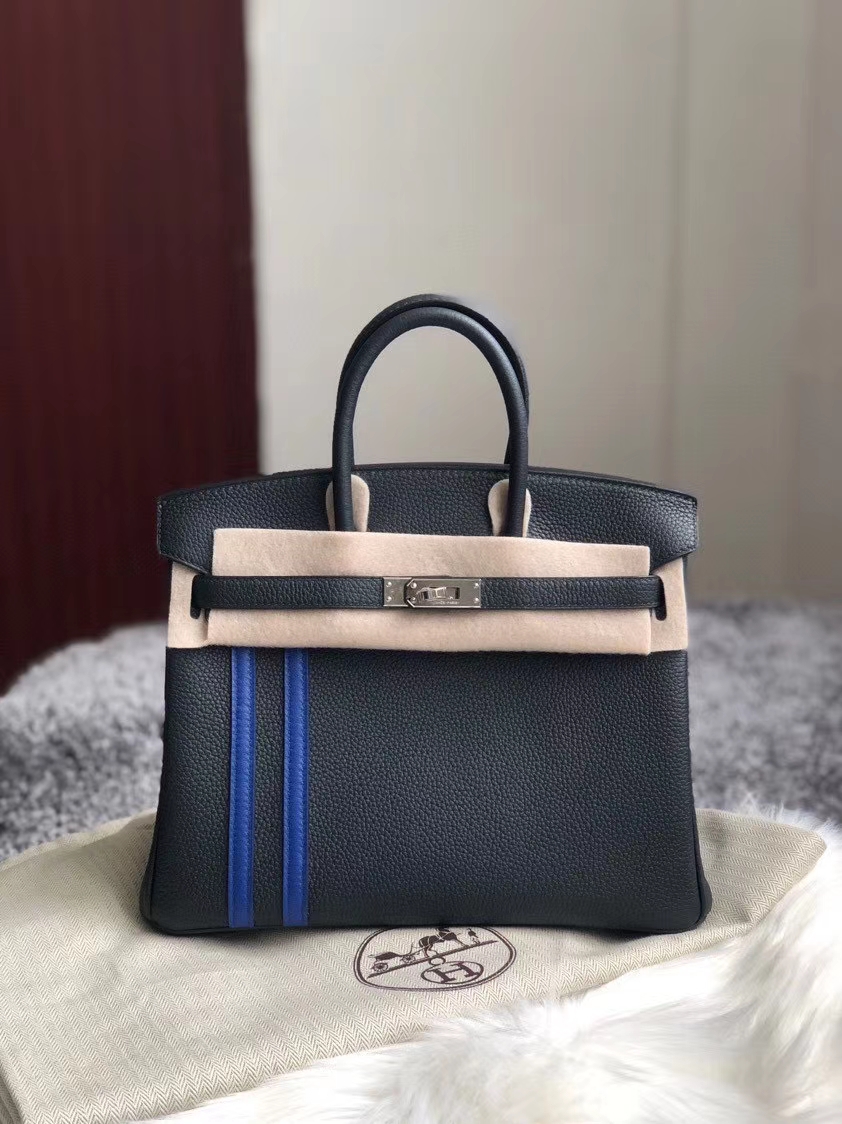 Hermès（爱马仕）Birkin 25cm 原厂小牛皮 6o 柏树绿 拼双杠 琉璃蓝 银扣 顶级手缝