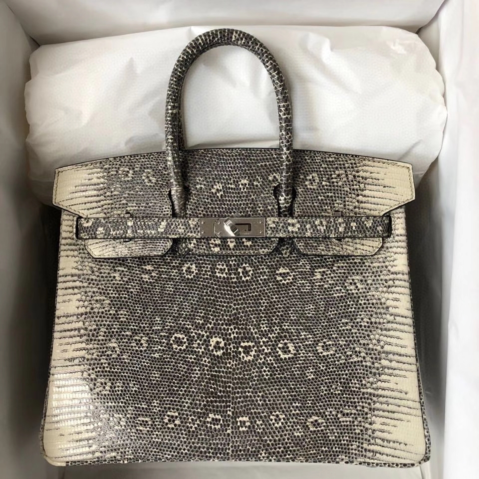 Hermès（爱马仕）Birkin 25cm Lizard 进口亮面蜥蜴 01原色 小喜马拉雅色 银扣 顶级手缝 现货