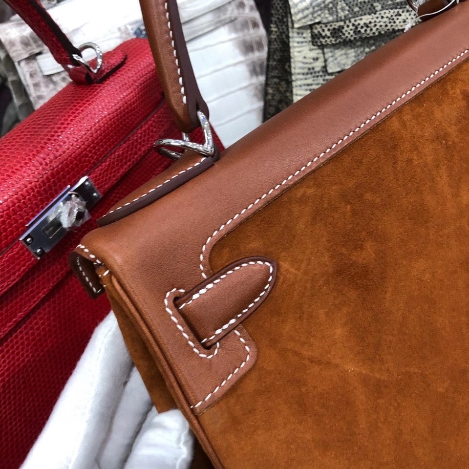 Hermès（爱马仕）Kelly 28cm 麂皮 金棕色拼马鞍皮棕色 银扣 顶级手缝
