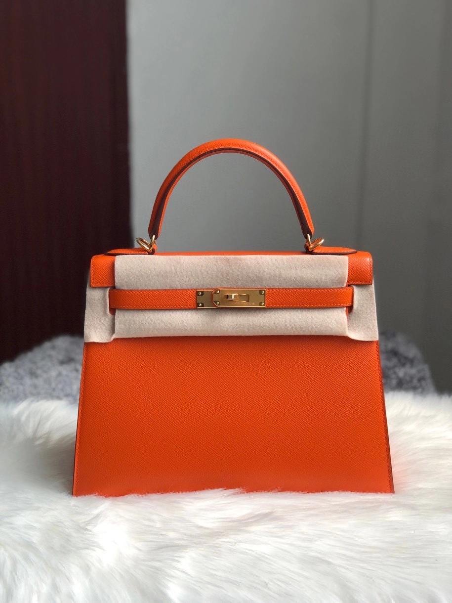 Hermès（爱马仕）Kelly 28cm 原厂御用掌纹皮 Epsom 9J 火焰橙 金扣 超美 热情似火 顶级手缝