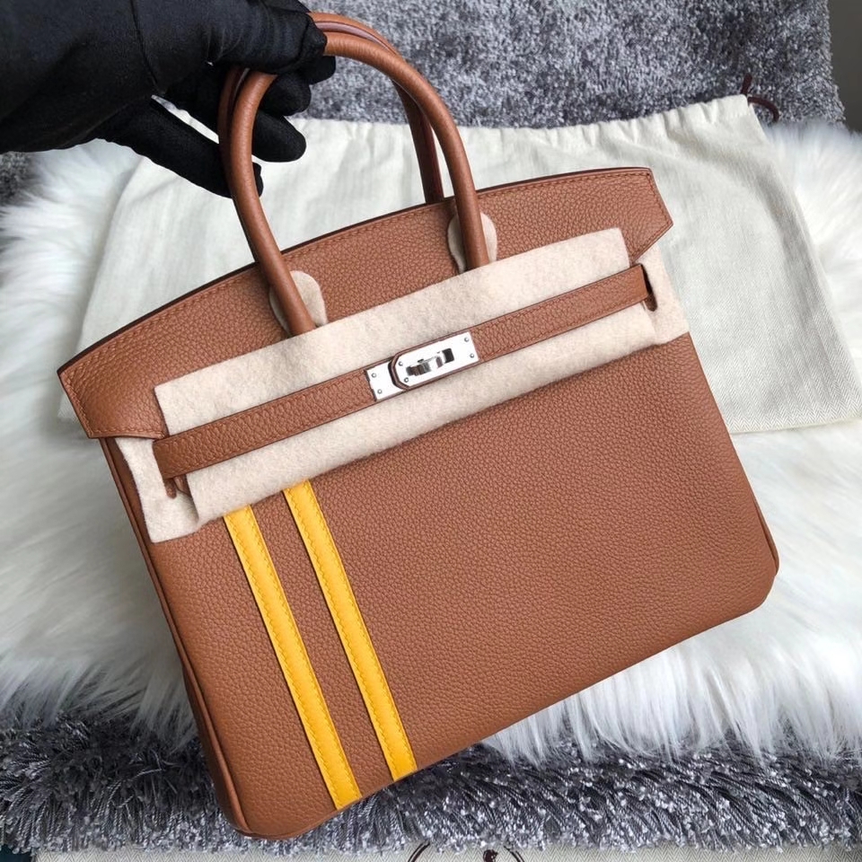 Hermès（爱马仕）Birkin 25cm 原厂小牛皮 ck37金棕色 拼双杠琥珀黄 银扣 顶级手缝 超美