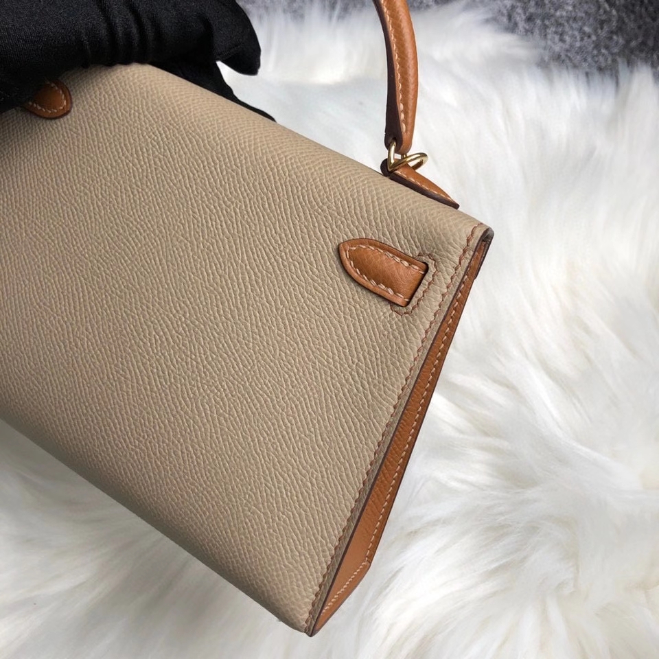 Hermès（爱马仕）Mini kelly ll Epsom 原厂掌纹皮 S2 风衣灰拼 金棕色 gold 金扣 马蹄印 顶级手缝 定制