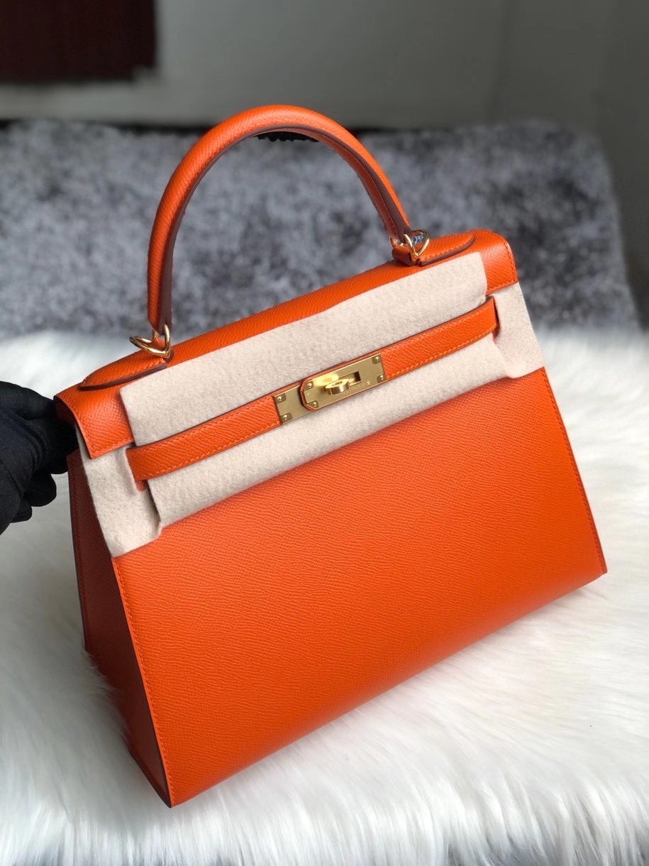 Hermès（爱马仕）Kelly 28cm 原厂御用掌纹皮 Epsom 9J 火焰橙 金扣 超美 热情似火 顶级手缝