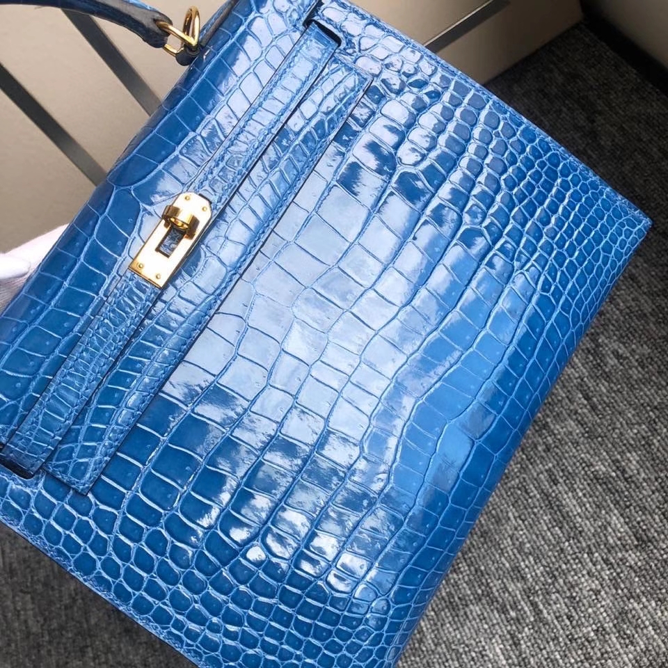 Hermès（爱马仕）Kelly 25cm porosus shiny 亮面澳洲湾鳄 7Ｑ 希腊蓝  金扣 正品五金 现货