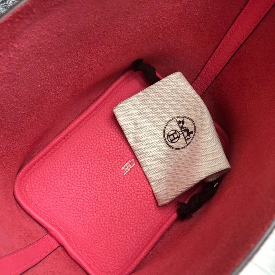 Hermès（爱马仕）Picotin 18cm 唇膏粉 rose azalee 小牛皮 拼 杜鹃红 鳄鱼手腕 金扣