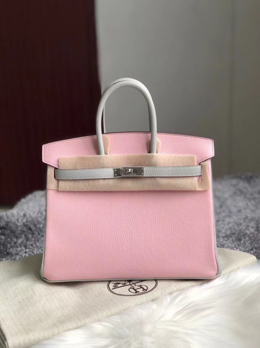 Hermès（爱马仕）Birkin 25cm Chevre 山羊皮 3Ｑ粉拼ck80 珍珠灰 银扣 马蹄印 顶级手缝