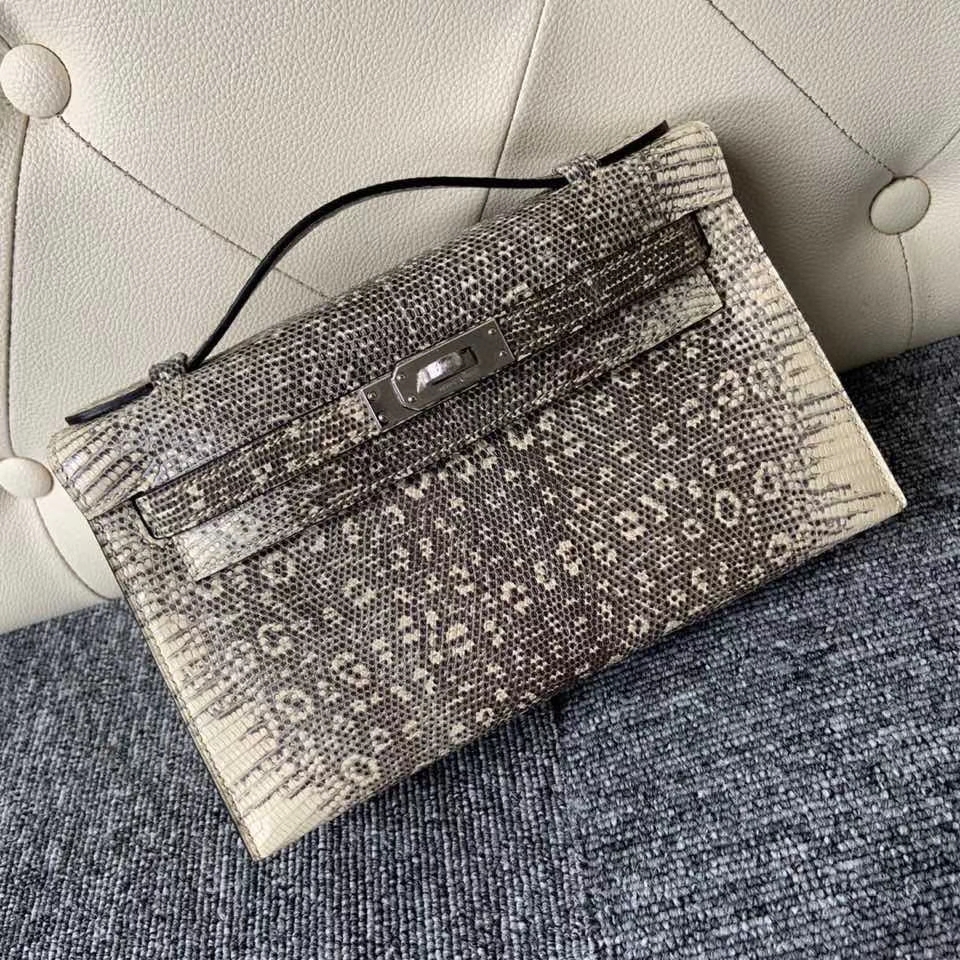 Hermès（爱马仕）Mini kelly pochette Lizard 进口亮面蜥蜴 原色 小喜马拉雅色 银扣 顶级手缝 手拿包 晚宴包