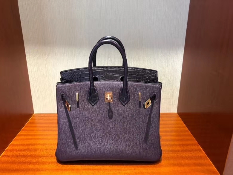 Hermès（爱马仕）Birkin 25cm Touch 59 葡萄紫Raisin 拼 雾面鳄鱼系列鸾尾花紫 玫瑰金扣 现货