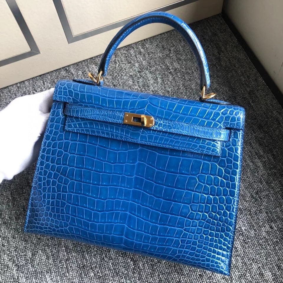 Hermès（爱马仕）Kelly 25cm porosus shiny 亮面澳洲湾鳄 7Ｑ 希腊蓝  金扣 正品五金 现货