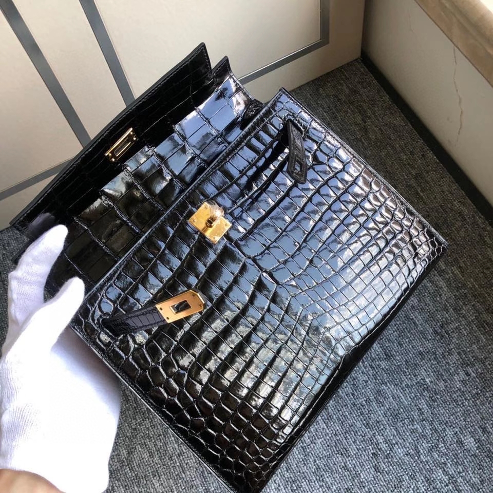 Hermès（爱马仕）Kelly 25cm Crocodile shiny 亮面鳄鱼 ck89 黑色 Noir 金扣 正品五金 现货