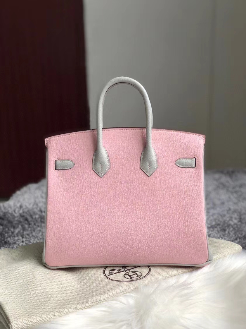 Hermès（爱马仕）Birkin 25cm Chevre 山羊皮 3Ｑ粉拼ck80 珍珠灰 银扣 马蹄印 顶级手缝