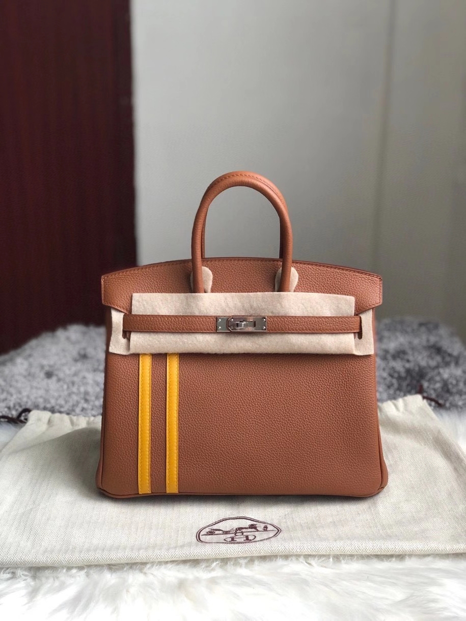 Hermès（爱马仕）Birkin 25cm 原厂小牛皮 ck37金棕色 拼双杠琥珀黄 银扣 顶级手缝 超美