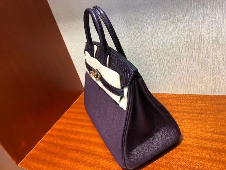 Hermès（爱马仕）Birkin 25cm Touch 59 葡萄紫Raisin 拼 雾面鳄鱼系列鸾尾花紫 玫瑰金扣 现货
