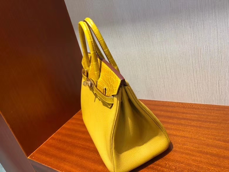 Hermès（爱马仕）Birkin 25cm  Touch 9D琥珀黄 拼亮面鳄鱼琥珀黄 金扣 顶级 手缝 现货