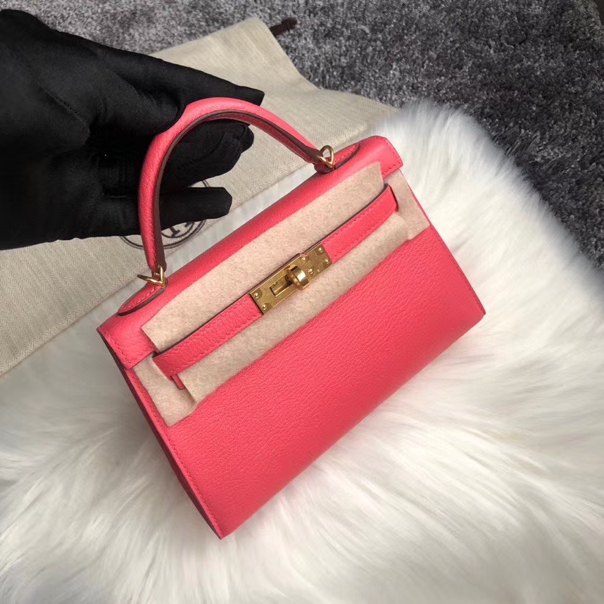 Hermès（爱马仕）Mini kelly ll 山羊皮 Chevre  8w 唇膏粉  rose azalee 金扣 顶级手缝