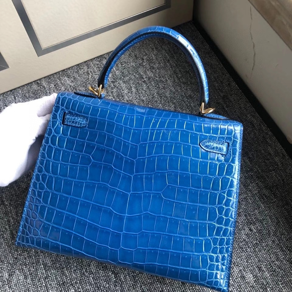 Hermès（爱马仕）Kelly 25cm porosus shiny 亮面澳洲湾鳄 7Ｑ 希腊蓝  金扣 正品五金 现货