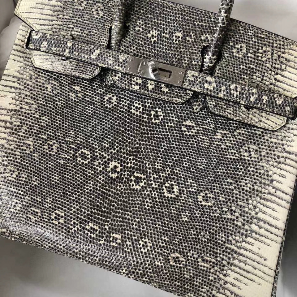 Hermès（爱马仕）Birkin 25cm Lizard 进口亮面蜥蜴 01原色 小喜马拉雅色 银扣 顶级手缝 现货