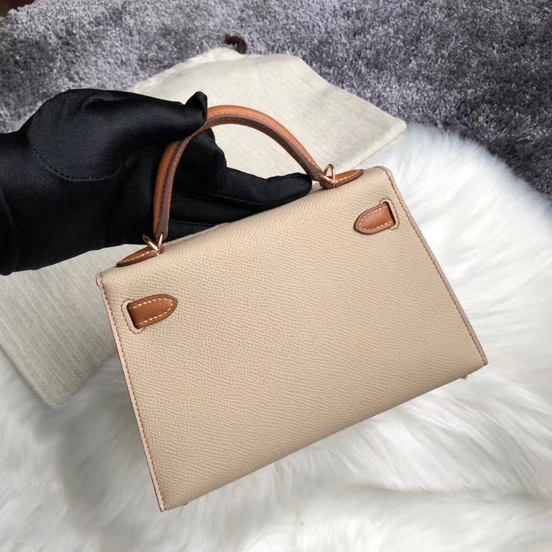 Hermès（爱马仕）mini kelly ll Epsom 原厂掌纹皮  S2 风衣灰拼ck37 金棕色 金扣 马蹄印 定制
