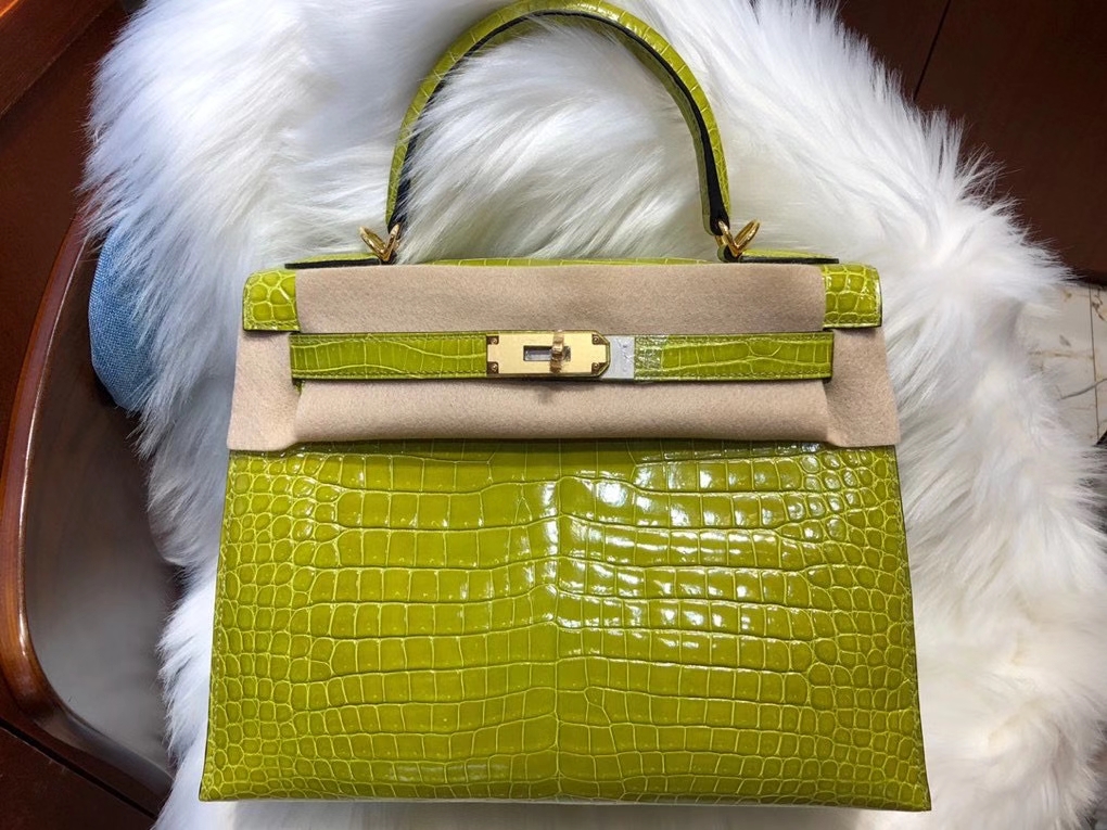 Hermès（爱马仕）Kelly 28cm Porosus shiny 亮面澳洲湾鳄 6R 奇异果绿 金扣 顶级手缝 品相超美 现货