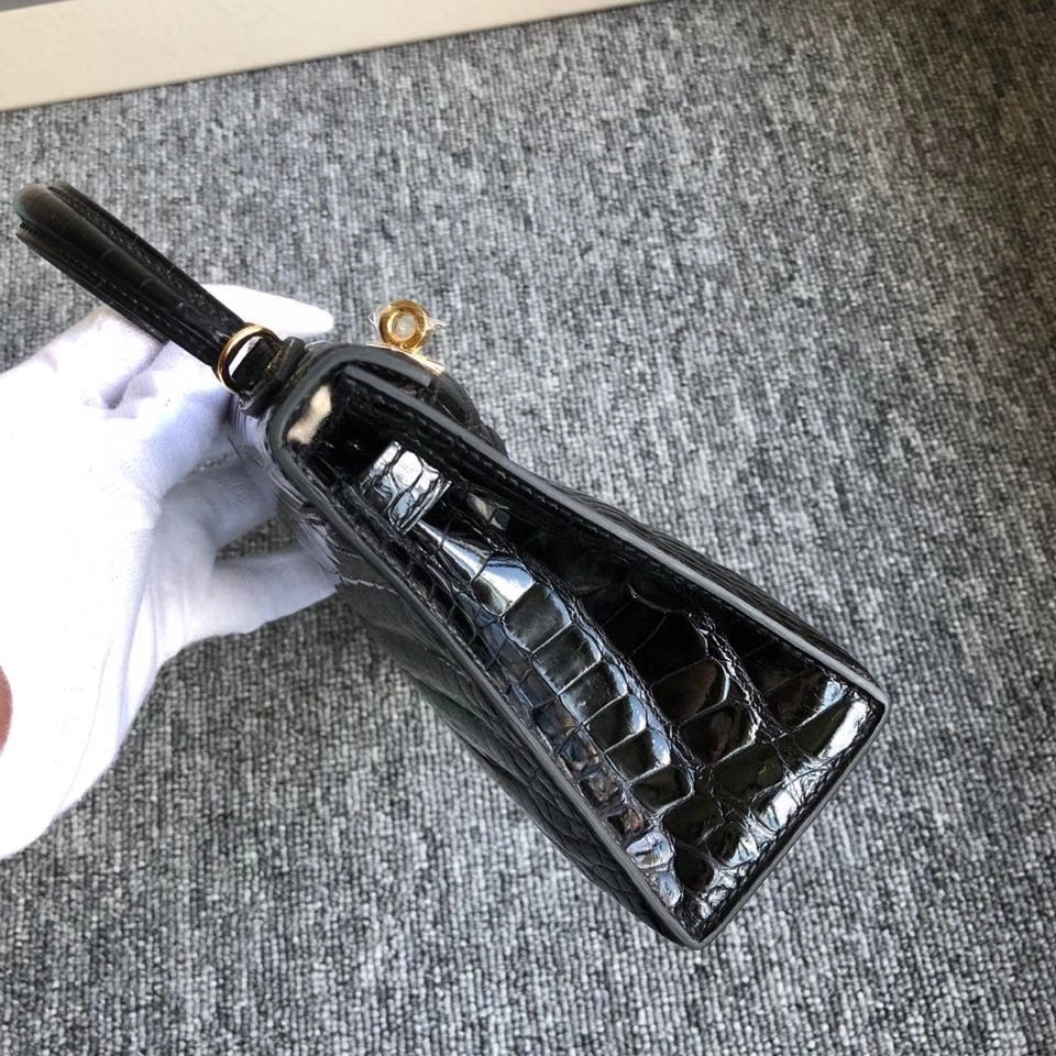 Hermès（爱马仕）Mini kelly ll Alligator shiny 亮面鳄鱼 ck89 黑色 Noir 金扣 顶级手缝 拱珠皮 现货
