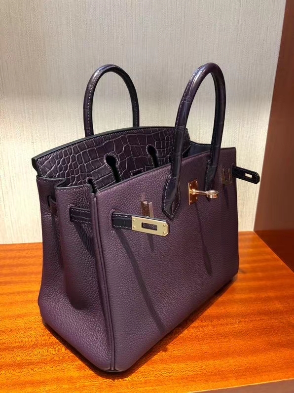 Hermès（爱马仕）Birkin 25cm Touch 59 葡萄紫Raisin 拼 雾面鳄鱼系列鸾尾花紫 玫瑰金扣 现货