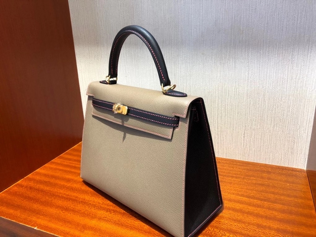 Hermès（爱马仕）Kelly 25cm Epsom 原厂掌纹皮 M8 沥青灰拼ck89 黑色  唇膏粉线  拉丝金扣