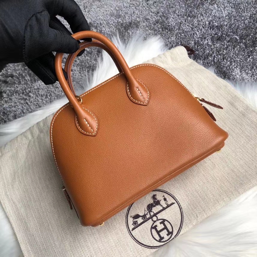 Hermès（爱马仕）Mini bolide 山羊皮Chevre 金棕色 金扣 顶级手缝 定制
