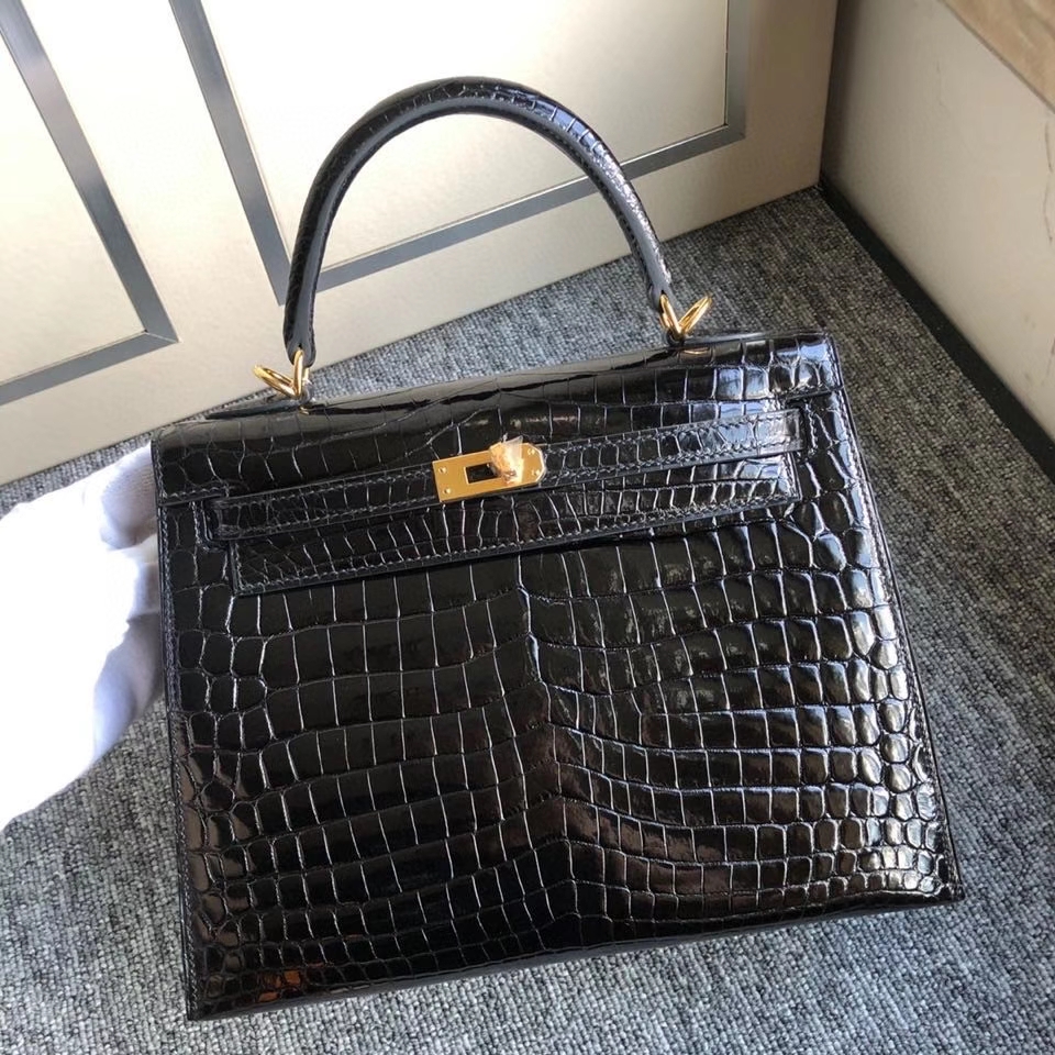 Hermès（爱马仕）Kelly 25cm Crocodile shiny 亮面鳄鱼 ck89 黑色 Noir 金扣 正品五金 现货